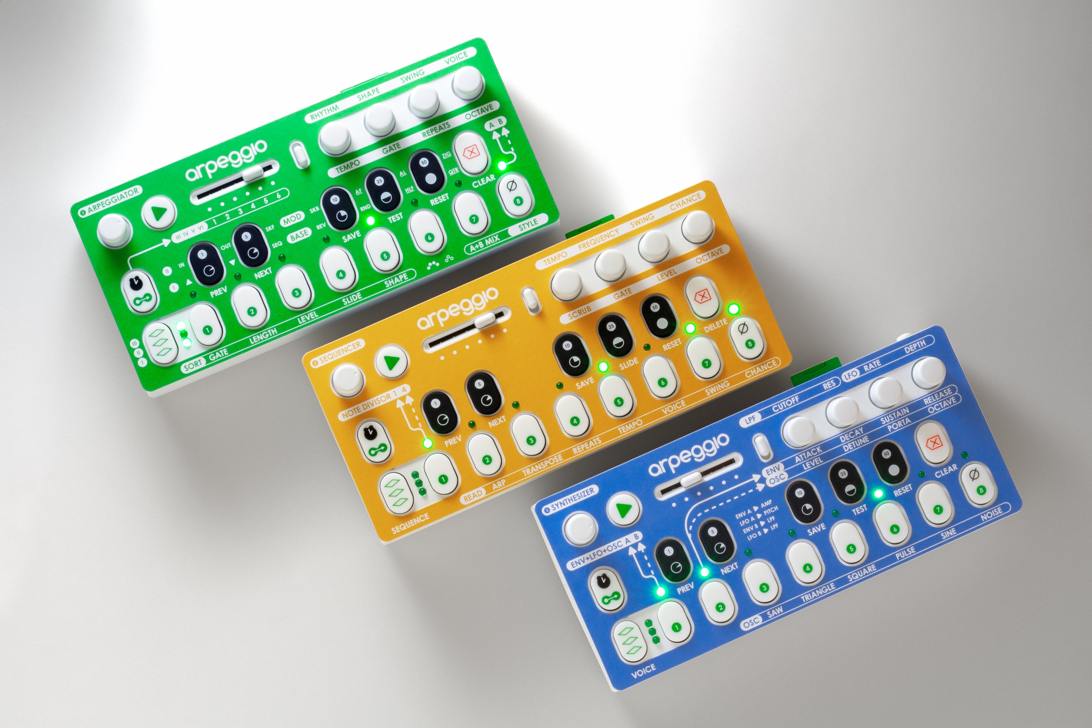 Three Arpeggios each sporting one of the included function overlays (Arpeggiator, Sequencer, and Synthesizer) which give you access to advanced features and settings.