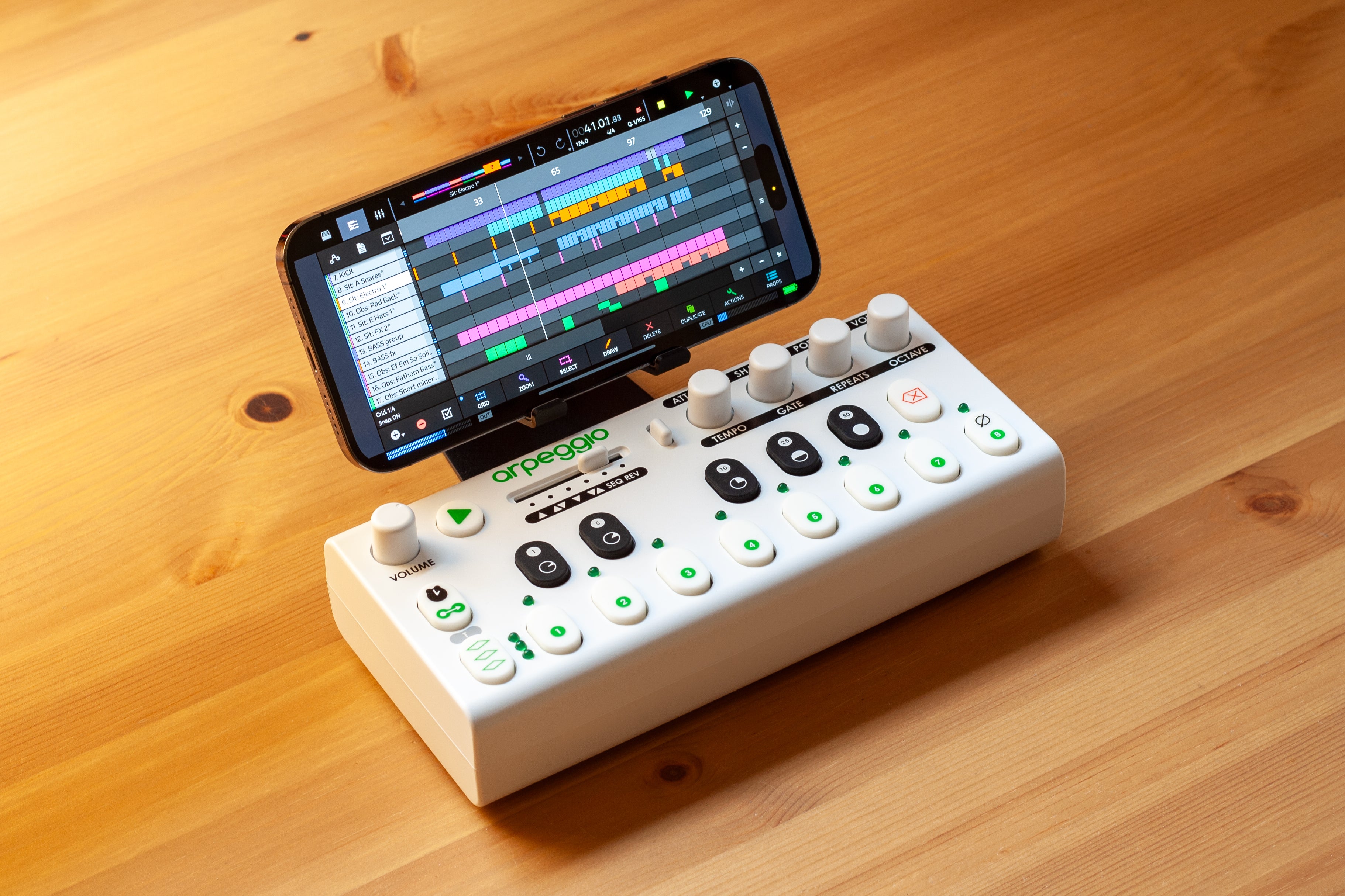 An iPhone running a music production app wirelessly connected Arpeggio via MIDI over Bluetooth LE.