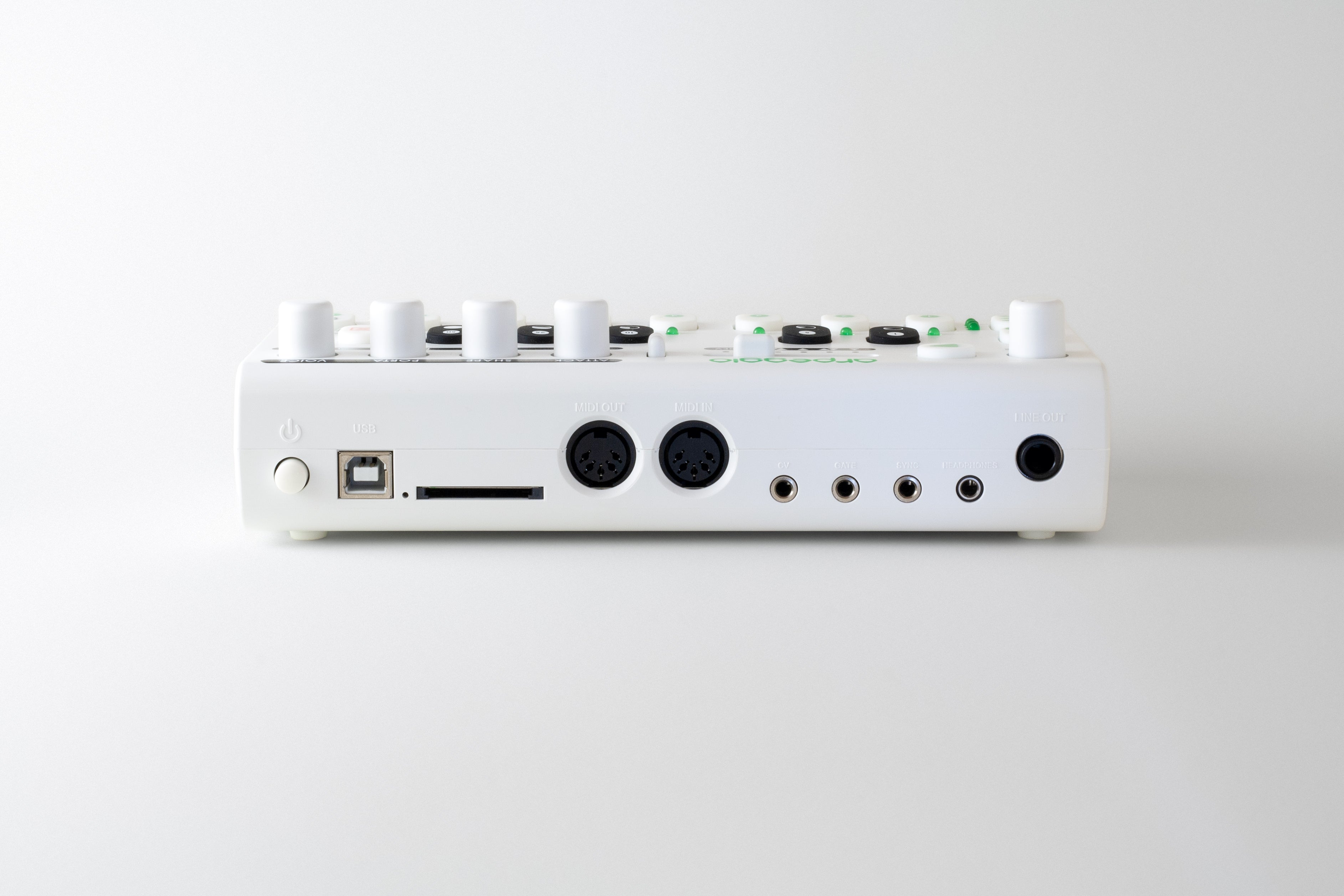 The Rear of Arpeggio showing the power switch, SD-Card slot, and USB, MIDI, CV / Gate, Sync, and Audio ports.