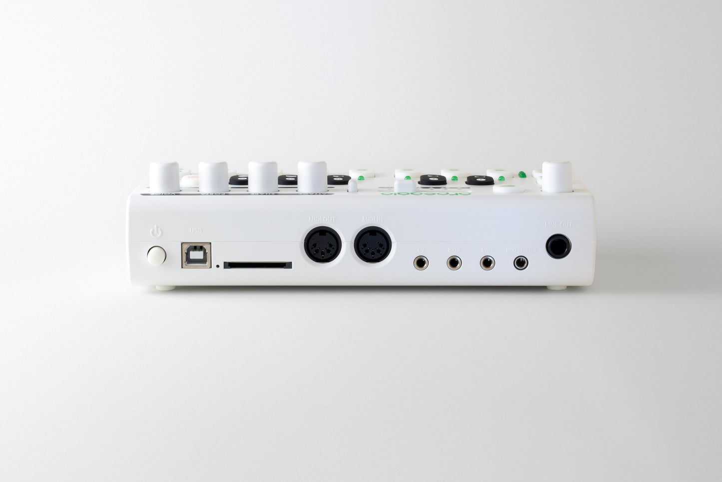 The Rear of Arpeggio showing the power switch, SD-Card slot, and USB, MIDI, CV / Gate, Sync, and Audio ports.