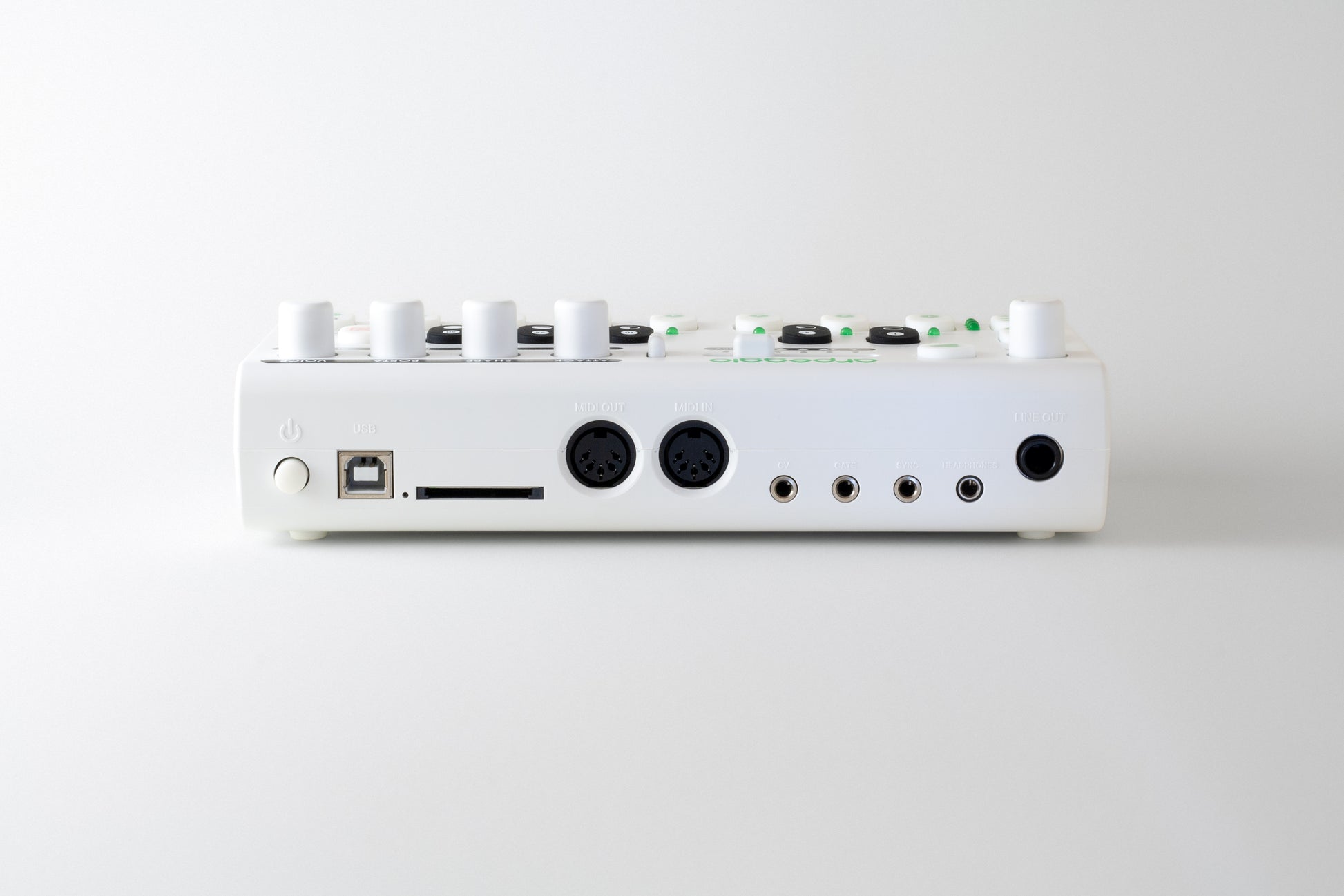 The Rear of Arpeggio showing the power switch, SD-Card slot, and USB, MIDI, CV / Gate, Sync, and Audio ports.